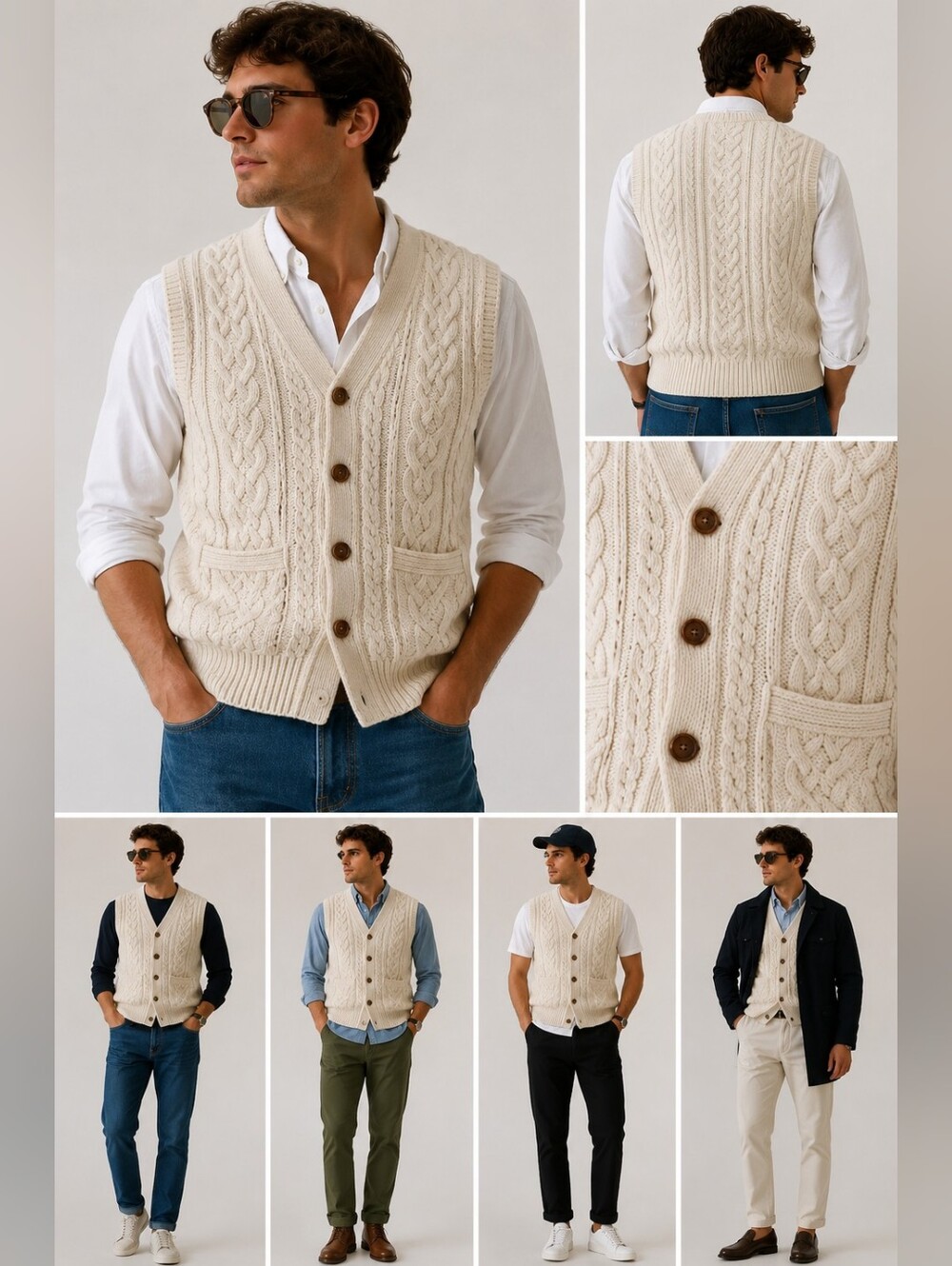J.Crew Rugged‎ Merino Cable Knit Vest Cream Wool Blend Size M